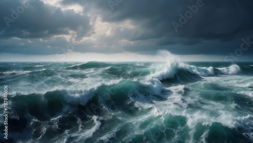 Stormy Seascape: Dark clouds swirl over the turbulent ocean, waves crashing against the shore under a brooding sky © VFX1988