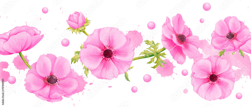 A seamless border featuring delicate pink anemones, adorned with rhinestones. watercolor illustration with soft water droplets and splashes. for embellishing wedding invitations, greeting cards
