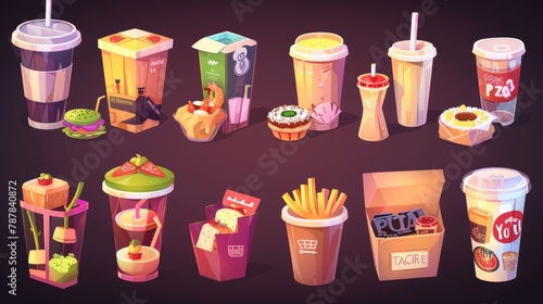 The Cartoon Modern Illustration set contains food boxes, carton bags, disposable takeout cups, sushi, rolls, pizzas, french fries, coffees and drinks for cafes and fast food restaurants.