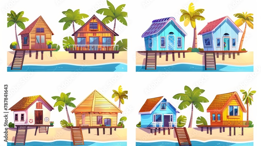 The set of icons includes bungalows, beach houses on piles with terraces, wooden private buildings, villas, hotels, cottages, residential properties, apartments, living accommodation, and cartoon