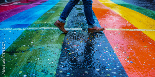 Vibrant Rainbow-Colored Crosswalk on a Rainy Day