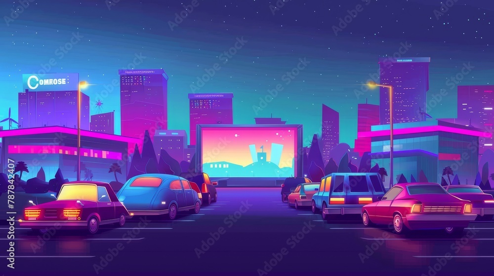 Movie theater with cars in front of an open air screening room on a summer night. Modern cartoon city in summer night with fantastic film on the screen and automobiles. Urban entertainment, movie
