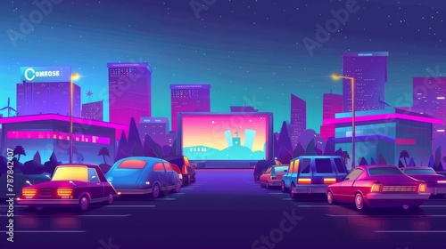 Movie theater with cars in front of an open air screening room on a summer night. Modern cartoon city in summer night with fantastic film on the screen and automobiles. Urban entertainment, movie