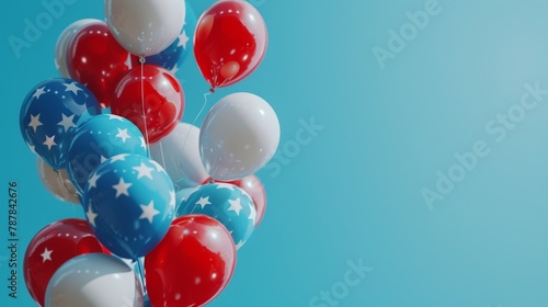 Patriotic balloons in red, white and blue colors against blue sky. Celebration of American national holidays concept.