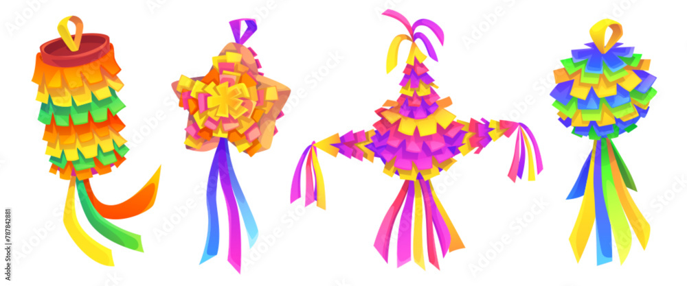 Traditional Mexican paper pinata for birthday party and cinco de mayo celebration. Cartoon vector illustration set of bright colorful handcraft paper mache kids play decoration with candies inside. - obrazy, fototapety, plakaty 