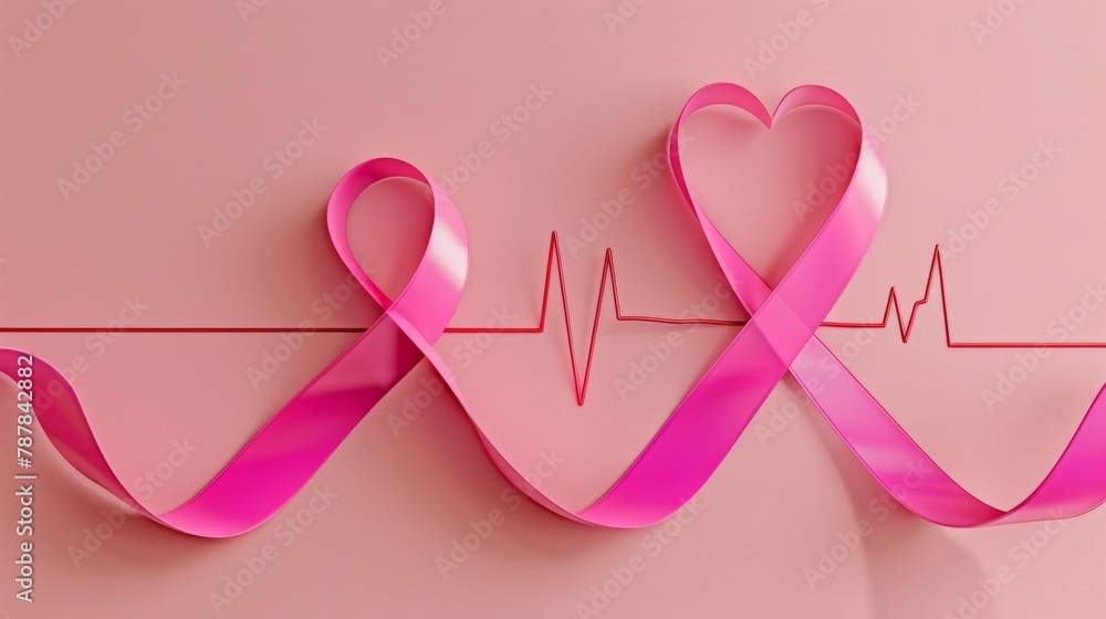 Pink Ribbon and Heartbeat. Symbol of Breast Cancer Awareness, Hope, and Support