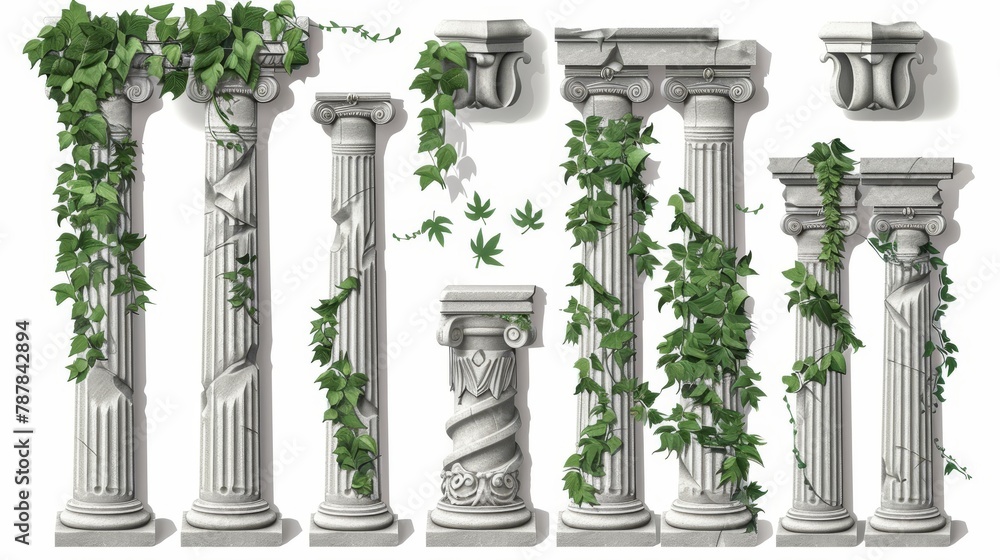 An old Greek or Roman column with green climbing liana leaves isolated on a white background. Realistic 3D modern set of ancient classic stone architecture for interior facades. - obrazy, fototapety, plakaty 