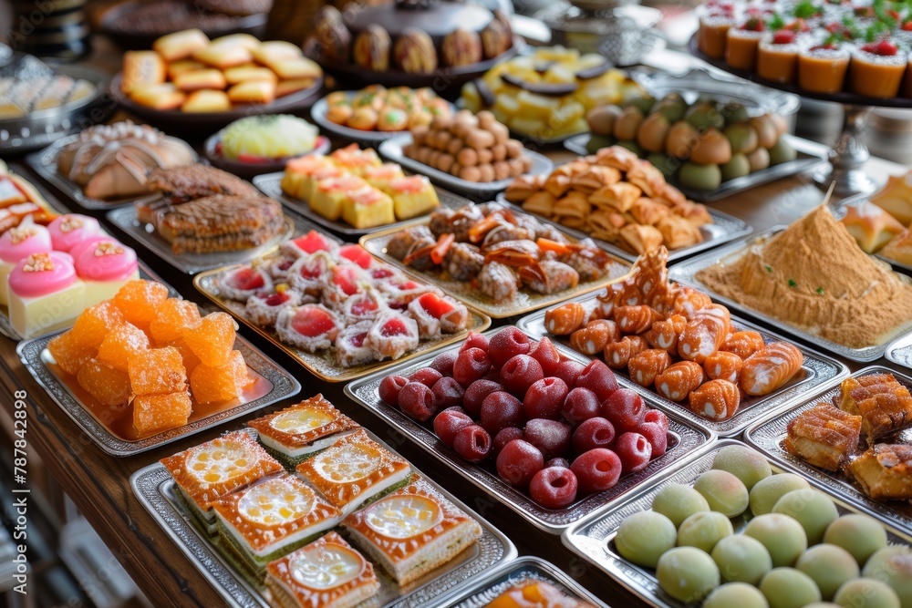 Assortment of Delicious Desserts. Cakes, Pastries, and Sweet Treats on a Table