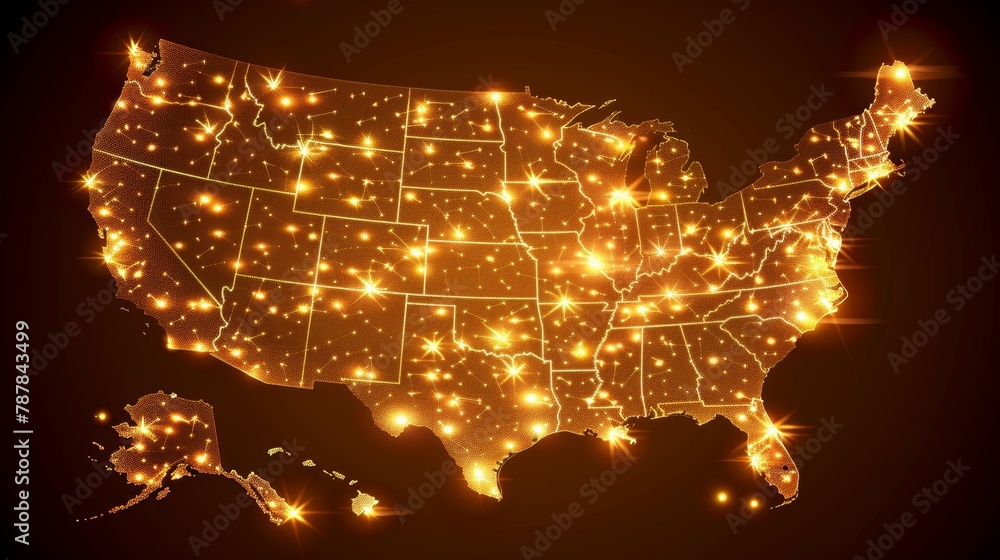 Golden glowing United States map with city lights at night, showing population density, technology or economic activity. Abstract US outline on dark background.