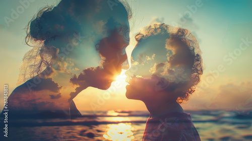 Mother and Child Share Love and Connection at Sunset with Dreamy Cloudscape Overlay photo