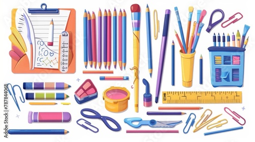 Supplies and stationery, learning items, colored pencils, paints and brushes, glue, ruler and scissors with compass, marker and palette with paper clips or pins. Cartoon modern illustration.