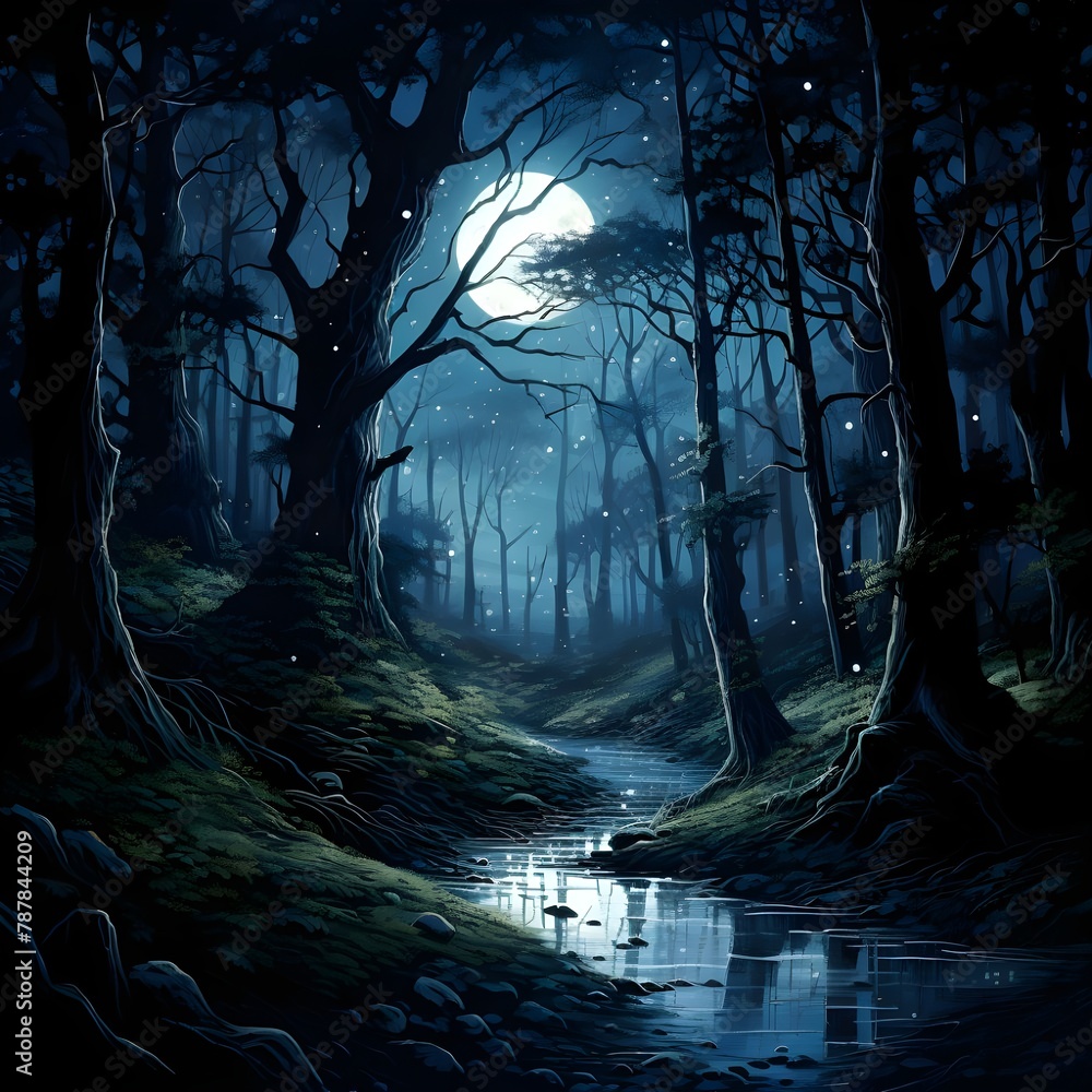 Moonlit Forest: A forest scene illuminated by the light of the moon