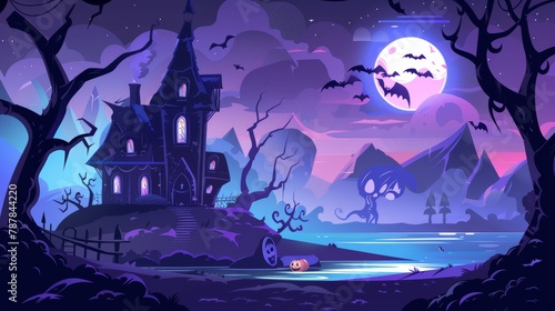 A Halloween spooky illustration with a haunted house, pumpkins, ghosts, and bats. A modern night landscape with a broken haunted house, black trees, mountains, and a lake. photo