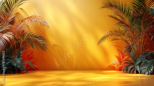 Empty palm shadow yellow color texture pattern cement wall background. Used for presentation business nature organic cosmetic products for sale shop online. Summer tropical beach with minimal concept