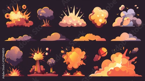 A cartoon bomb explosion set with clouds, a boom effect, and smoke elements for the UI of games. Detonators, explosions, atomic comics, isolated modern icons.