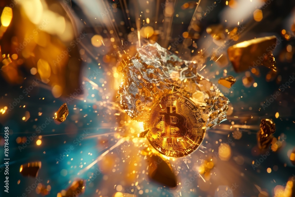 Vivid Bitcoin embroiled in a scintillating collision with golden rocks conveying financial disruption