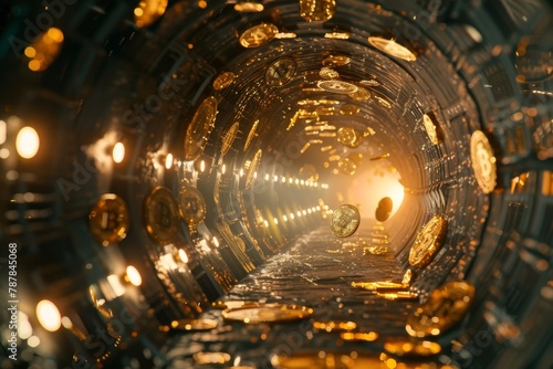 Bitcoin coins soaring through a futuristic tunnel, symbolizing rapid digital financial transactions photo