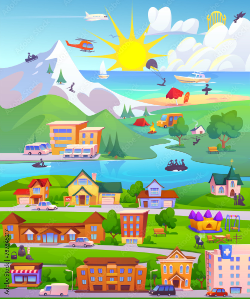 Fototapeta premium Mountain city map with street road, building and car. Town plan with park, school, playground and route to beach near sea. Urban hill landscape view to navigate in game perspective background design