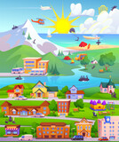 Mountain city map with street road, building and car. Town plan with park, school, playground and route to beach near sea. Urban hill landscape view to navigate in game perspective background design