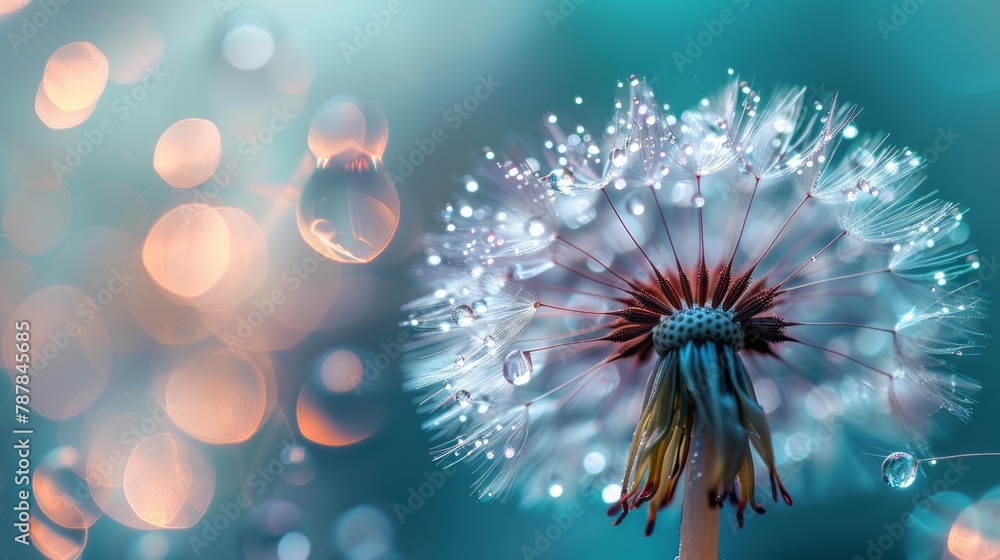 Beautiful shiny dew drops on a dandelion seed. Close-up macro. Sparkling bokeh. Water drops on a parachutes dandelion on a beautiful blue background. Soft dreamy tender artistic image. Beautiful shiny dew drops on a dandelion seed. Close-up macro. Sparkling bokeh. Water drops on a parachutes dandelion on a beautiful blue background. Soft dreamy tender artistic image.
