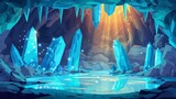 An underground rocky cave with crystals and water. Modern cartoon illustration of stalactites and a lake or river. Old mountain grotto.