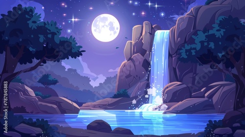 Landscape with waterfall at night. Modern illustration of natural scene with moon and stars in sky. River fall off stone cliff in lake with rocks. Water cascades off ledge.