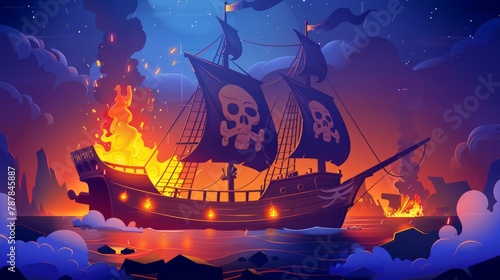 Illustration of Pirate ship battle involving wooden brigantine boat deck, cannon fire at enemy frigate, and flames raging in open hold on seascape background, Cartoon modern illustration. photo