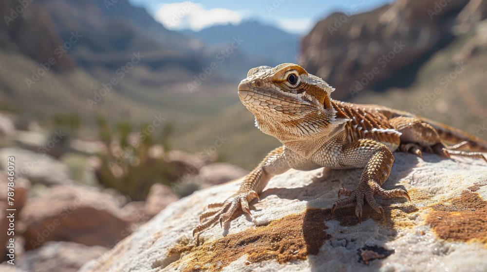 Fototapeta premium Lizard perched on rock in desert landscape. Dry arid southwest desert scene. Close-up.