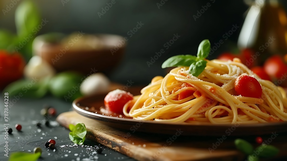 style pasta dinner spaghetti with tomato and basil in plate on wooden board for cooking pasta style pasta dinner spaghetti with tomato and basil in plate on wooden board for cooking pasta