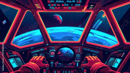 The interior of a spaceship with a round window showing the Earth. Concept of flight in the shuttle for science discovery and travel. Modern illustration of man hands pushing the home button in a photo