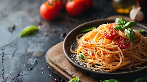 style pasta dinner spaghetti with tomato and basil in plate on wooden board for cooking pasta