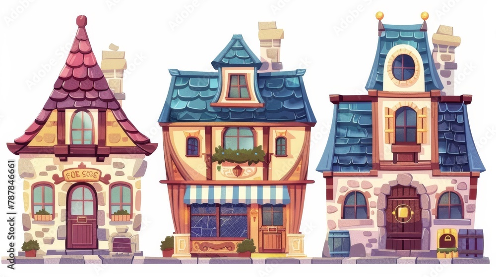 This cartoon clipart shows a quaint townhouse with a storefront in the ground floor and a cafe on the first floor. Vintage houses and cottages with a front view of the antique stone cottages. An