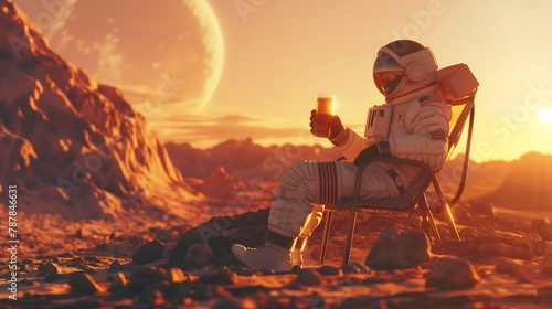 An astronaut sits on a chair and basks under the rays of a bright star while drinking beer on an alien planet