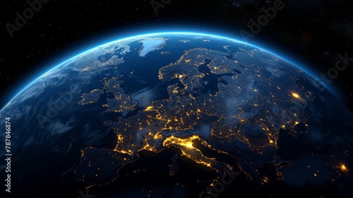 Earth planet viewed from space at night showing the lights of Europe and other countries. 3d render of planet Earth.