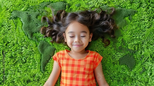 Earth day. international children's day. and universal children day concept with happy Asian kid relaxing peacefully on world map green lawn © Wanlop