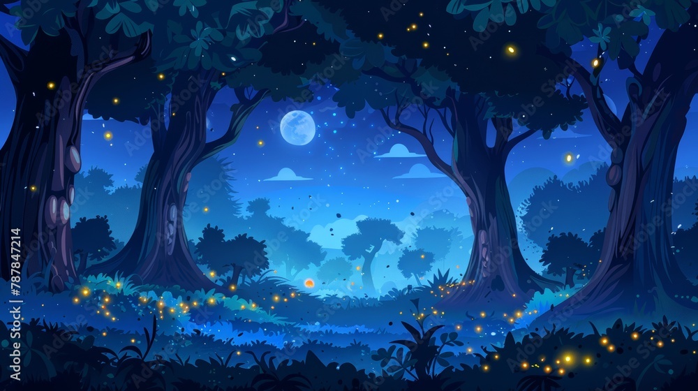 An illustration of a night forest, a nature 2D landscape, a mysterious wood with moonlight glow and flying fireflies. A cartoon game scene with separated layers, with a panoramic view of the nature.