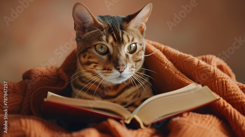 Bengal Cat Immersed in Classic Novel with Elegant Bookstand Against Warm Terracotta Backdrop photo