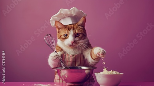 Surreal Calico Cat Chef Mixing Ingredients in Vibrant Purple Kitchen Scene