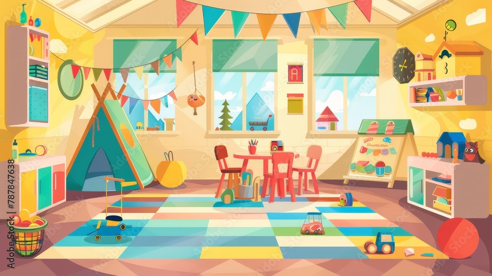 This is a 2 dimensional kids playroom with montessori toys, furniture, shelves and equipment for games and studying, separated layers, suitable for game animations, Modern illustration. This is a 2 dimensional kids playroom with montessori toys, furniture, shelves and equipment for games and studying, separated layers, suitable for game animations, Modern illustration.