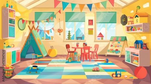 This is a 2 dimensional kids playroom with montessori toys, furniture, shelves and equipment for games and studying, separated layers, suitable for game animations, Modern illustration. © Mark