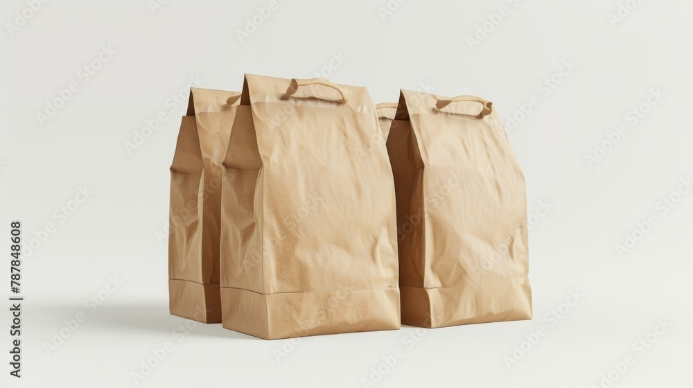Mockup of three kraft paper lunch bags on a white background in 3D Mockup of three kraft paper lunch bags on a white background in 3D