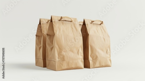 Mockup of three kraft paper lunch bags on a white background in 3D