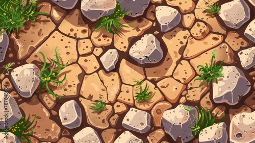 An aerial view of the top surface of the land surrounded by dirt, clay, rubbles, and plants. Modern cartoon seamless patterns of land surface with stones, grass, trees, and plants.