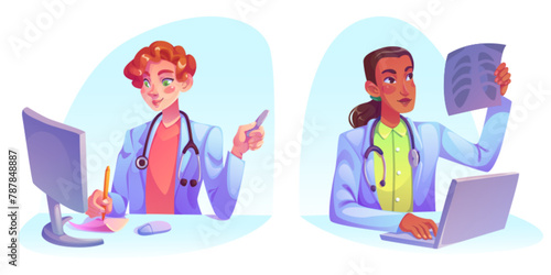 Doctors working on computer. Vector cartoon illustration of female medics providing telemedicine consultation, talking to patient online, making prescription, traumatologist checking ribs x-ray image