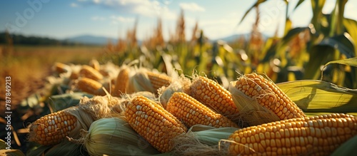 Ripe corn on the cob in the field. Agricultural background. photo
