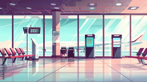 Modern interior of departure area with seats, metal detector, vending machine, and view of plane. Modern cartoon interior of departure area with waiting people, chairs, luggage, and security scanner. photo