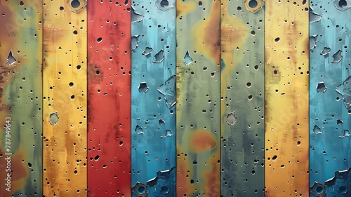Various colors of rusting metal texture with holes, rust game design. Set of cartoon illustrations with paints of red, yellow, blue, green, and turquoise on rough metallic surfaces.