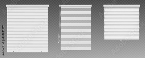 Venetian blind for window or entrance door protection. Realistic 3d vector illustration set of various types of jalousie - metal, plastic and fabric shutter and roller coverings and louvers.