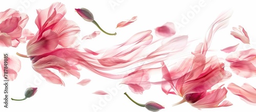 Pink flower petals and buds, gracefully moving in the breeze, are captured in great detail against a pure white background. photo