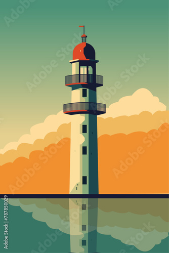 Vintage style lighthouse image. Beacon at sunrise or sunset, vector retro poster, minimalist background
